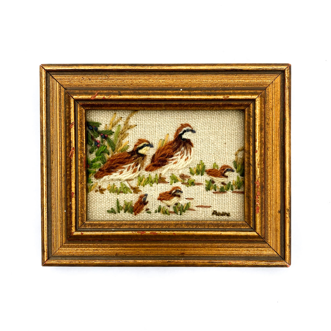 Framed 1970's Hand-Embroidered Quails