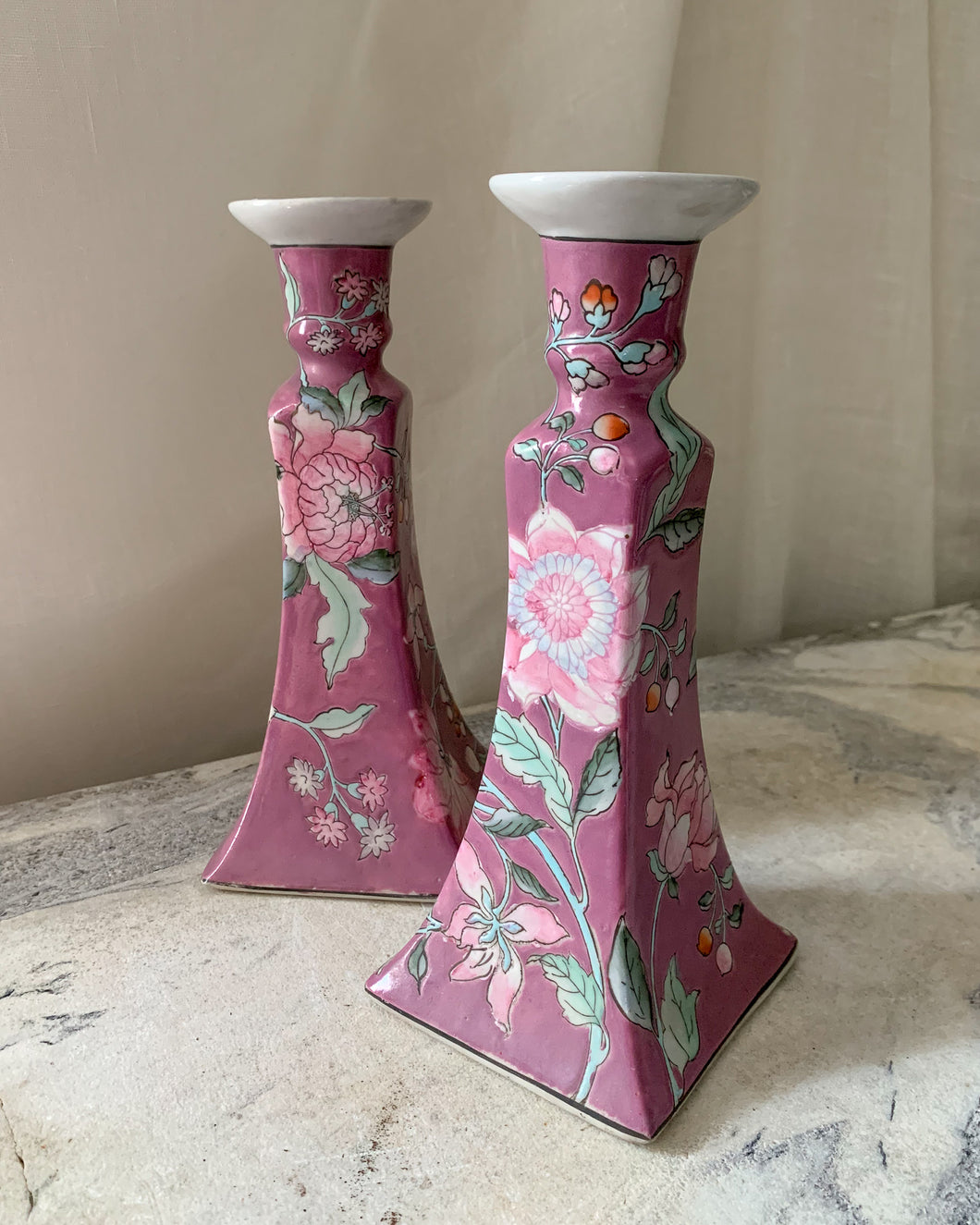 Chinoiserie Painted Candlesticks - Set of 2