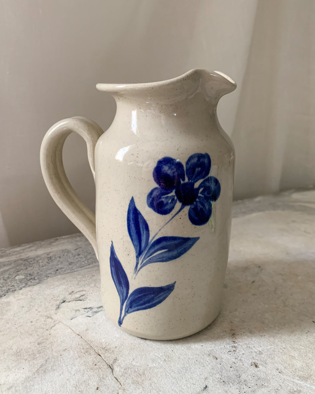 Blue Floral Stoneware Pitcher Vase