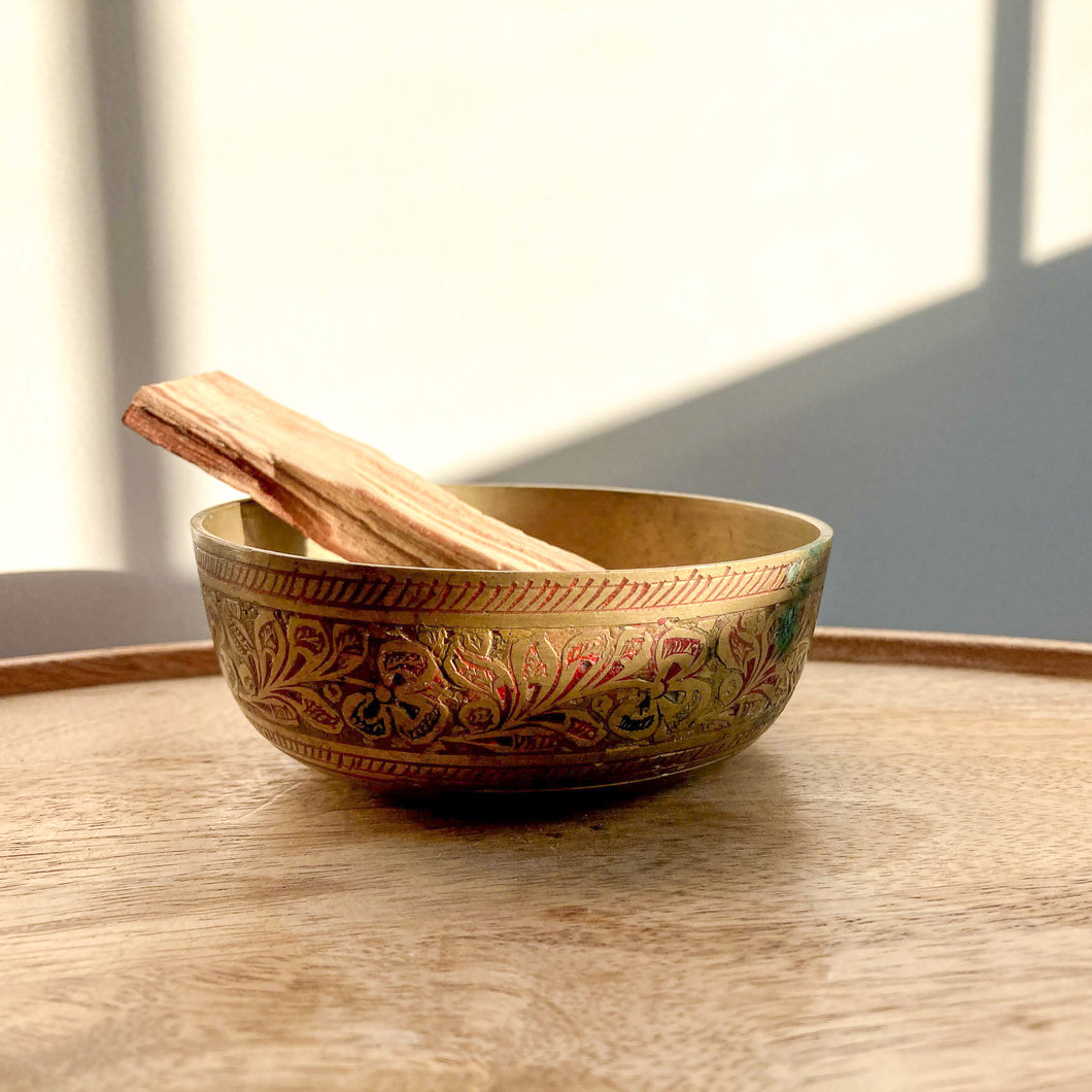 Etched Floral Small Brass Bowl