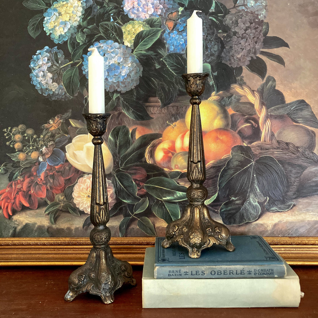Antique Spelter Ornate Candlesticks - Set of 2