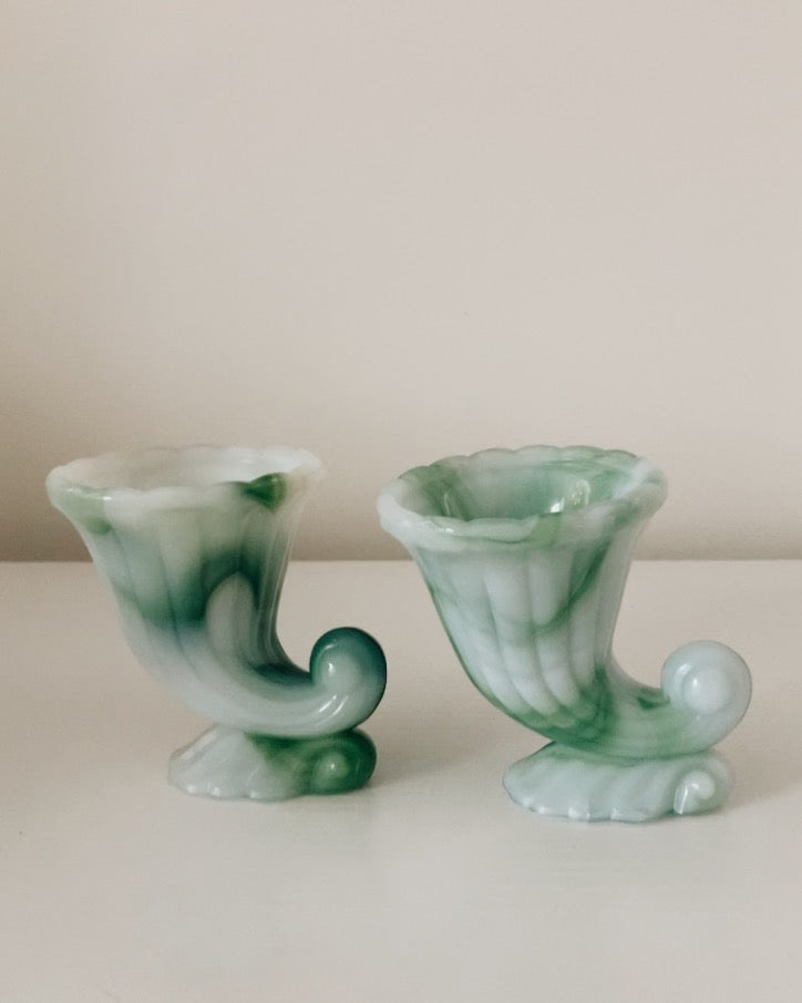 Green Slag Glass Cornucopias - Set of 2